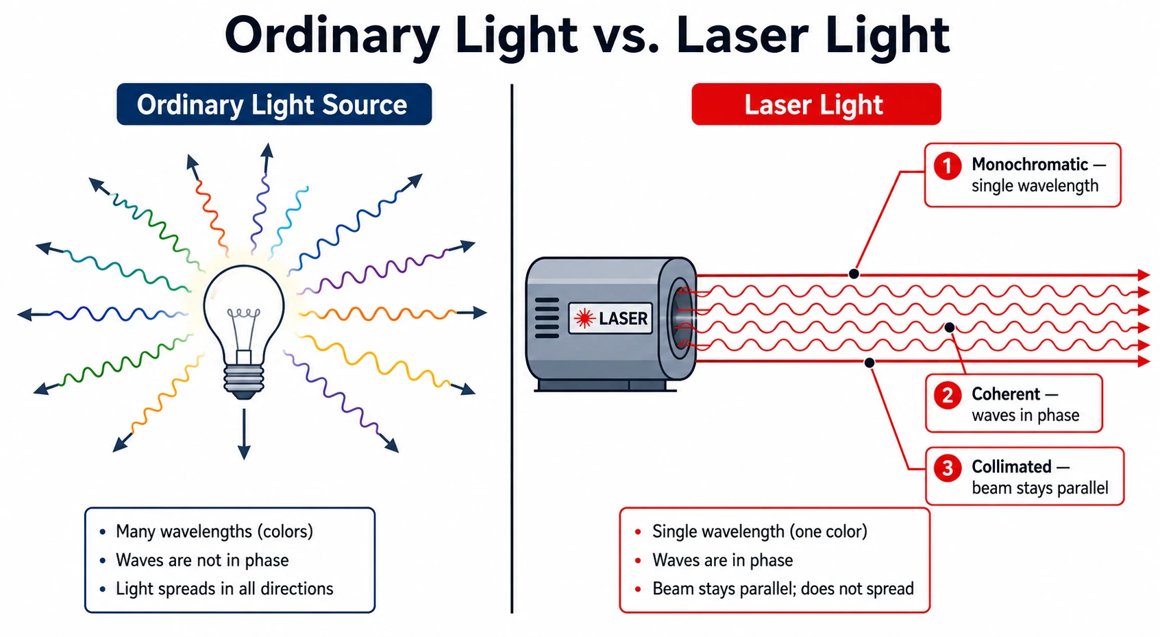 Diagram comparing ordinary light and laser light, illustrating the monochromatic, coherent, and collimated properties of a laser beam